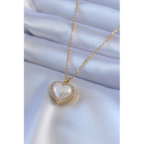 BFS 316L Çelik Gold Renk İncili Kalp Model Zirkon Taşlı Kadın Kolye