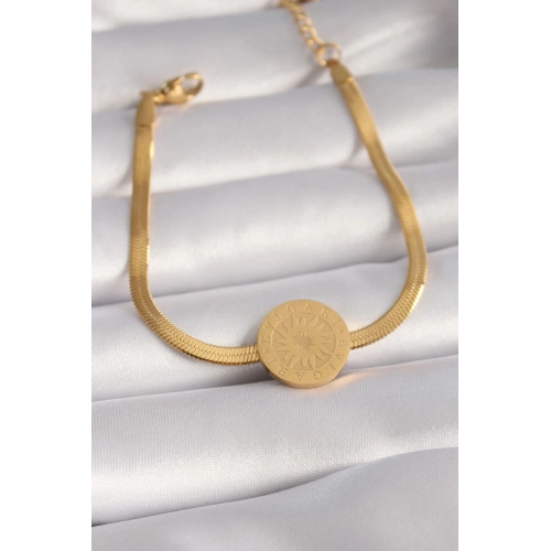BFS 316L Çelik Gold Renk İtalyan Zincir Model İşlemeli Madalyon Figür Kadın Bileklik