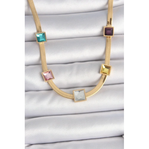 BFS 316L Çelik Gold Renk İtalyan Zincir Model Kare Renkli Zirkon Taşlı Kadın Kolye