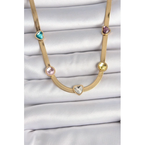 BFS 316L Çelik Gold Renk İtalyan Zincir Renkli Zirkon Taşlı Kalp Figür Kadın Kolye