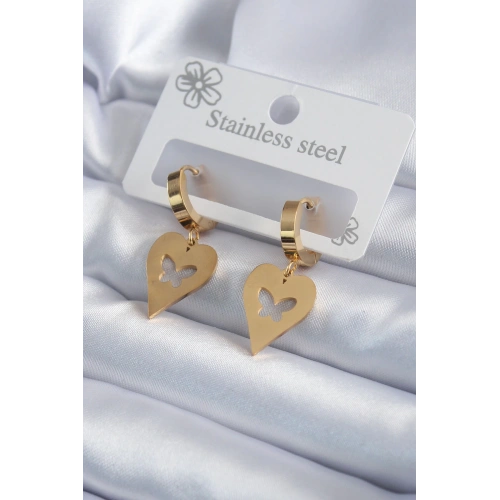 BFS 316L Çelik Gold Renk Kalp Model Kelebek İşleme Kadın Küpe