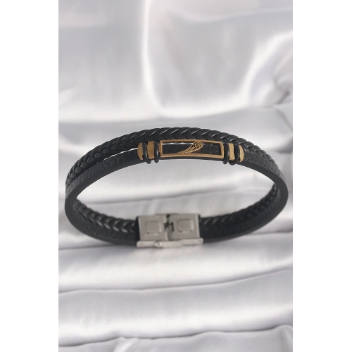 BFS 316L Çelik Gold Renk Kanat Aksesuarlı Siyah Burgu Model Deri Kordon Erkek Bileklik