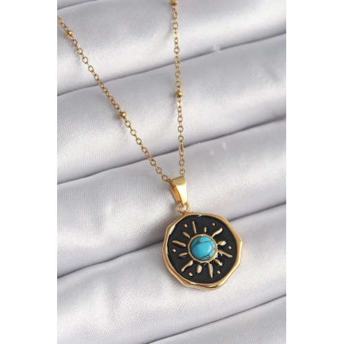 BFS 316L Çelik Gold Renk Mavi Boncuk Güneş İşleme Madalyon Model Kadın Kolye