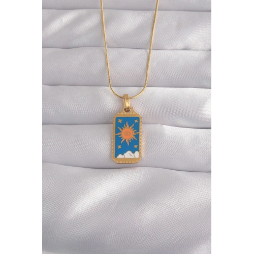 BFS 316L Çelik Gold Renk Mavi Mineli Güneş Model Tarot Kolye