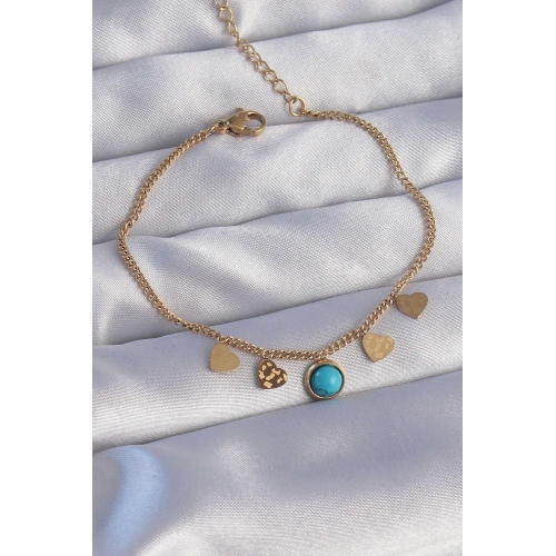 BFS 316L Çelik Gold Renk Minimal Kalpli Mavi Taş Detaylı Bileklik