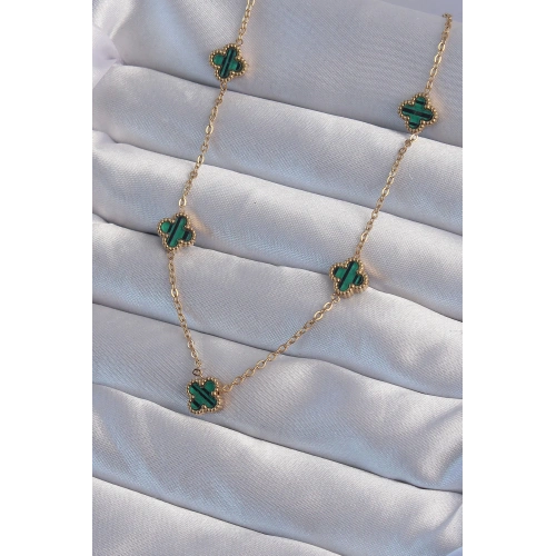 BFS 316L Çelik Gold Renk Minimal Yeşil Mineli Yonca Kolye