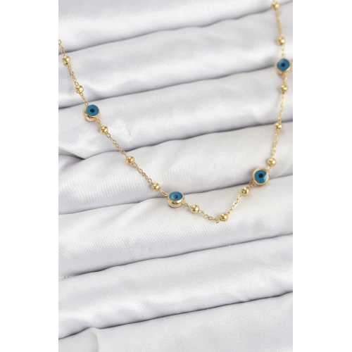 BFS 316L Çelik Gold Renk Nazarlı ve Topçuklu Model Kadın Kolye