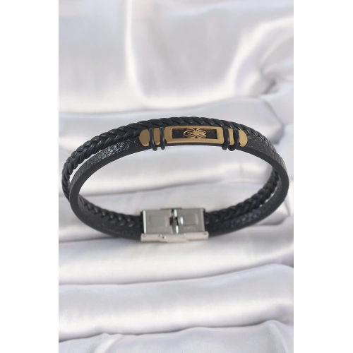 BFS 316L Çelik Gold Renk Örümcek Figür Çift Sıra Burgu Desenli Deri Kordon Erkek Bileklik