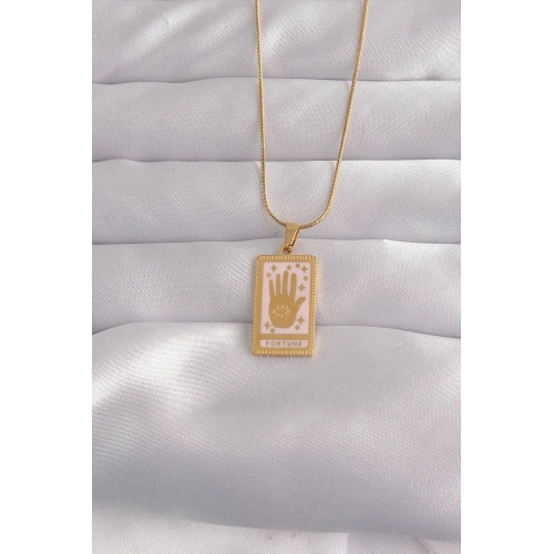 BFS 316L Çelik Gold Renk Pembe Mineli El Figür Tarot Kolye