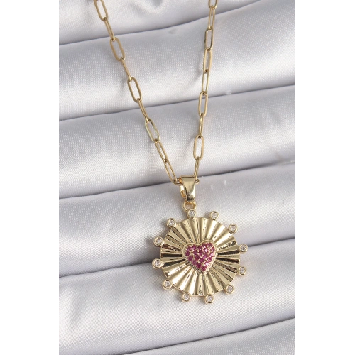 BFS 316L Çelik Gold Renk Pembe Zirkon Taşlı Kalp İşleme Madalyon Model Kadın Kolye