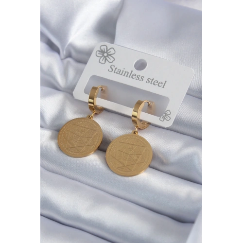 BFS 316L Çelik Gold Renk Pentagram İşleme Model Kadın Küpe