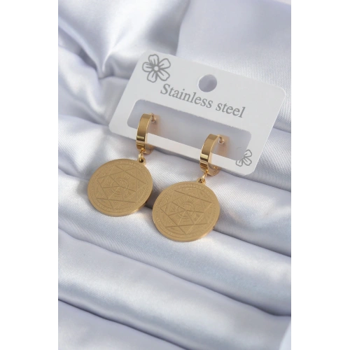 BFS 316L Çelik Gold Renk Pentagram Yıldızı İşleme Model Kadın Küpe