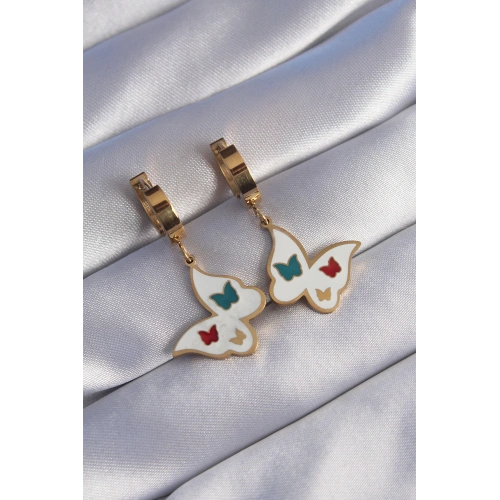 BFS 316L Çelik Gold Renk Renkli Mineli Kelebek Küpe