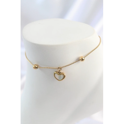 BFS 316L Çelik Gold Renk Sallantı Mineli Kalp Figür Topçuk Detay Kadın Halhal