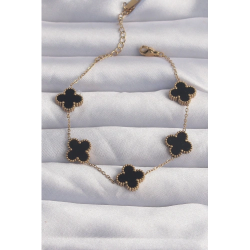 BFS 316L Çelik Gold Renk Siyah Mineli Yonca Bileklik