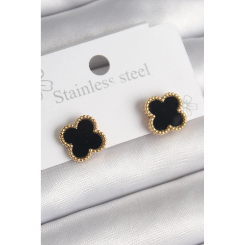 BFS 316L Çelik Gold Renk Siyah Yonca Model Kadın Küpe
