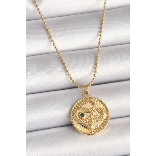 BFS 316L Çelik Gold Renk Topçuk Zincir Yılan İşlemeli Zirkon Taş Detaylı Madalyon Model Kadın Kolye