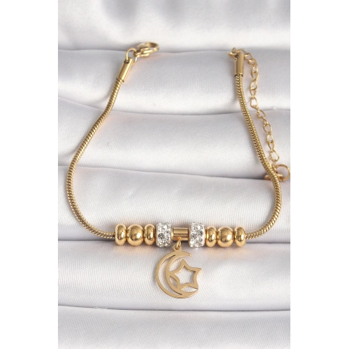 BFS 316L Çelik Gold Renk Tüp Zincir Zirkon Taş Detaylı Sallantı Ay Yıldız Figür Kadın Bileklik