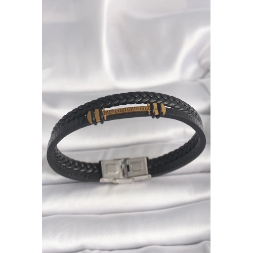 BFS 316L Çelik Gold Renk ZikZak İşlemeli Aksesuarlı Çift Sıra Burgu Desenli Deri Kordon Erkek Bileklik