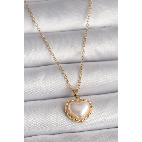 BFS 316L Çelik Gold Renk Zincir 3D İnci Kalp Model Kadın Kolye