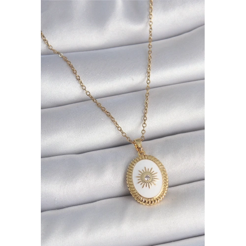 BFS 316L Çelik Gold Renk Zincir Beyaz Mineli Güneş İşlemeli Zirkon Taş Detaylı Madalyon Model Kadın Kolye
