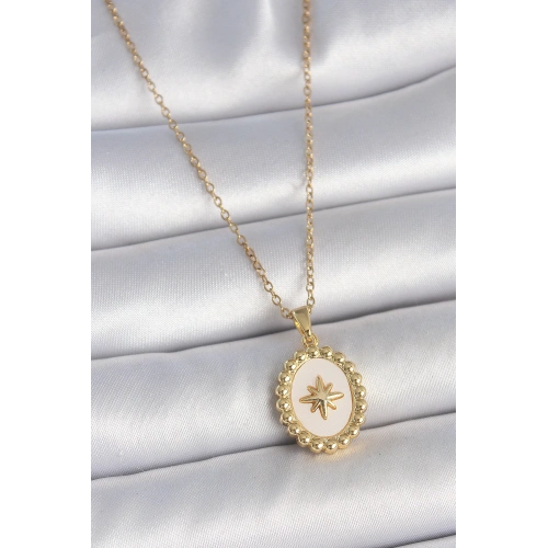 BFS 316L Çelik Gold Renk Zincir Beyaz Mineli Kutup Yıldız İşlemeli Madalyon Model Kadın Kolye