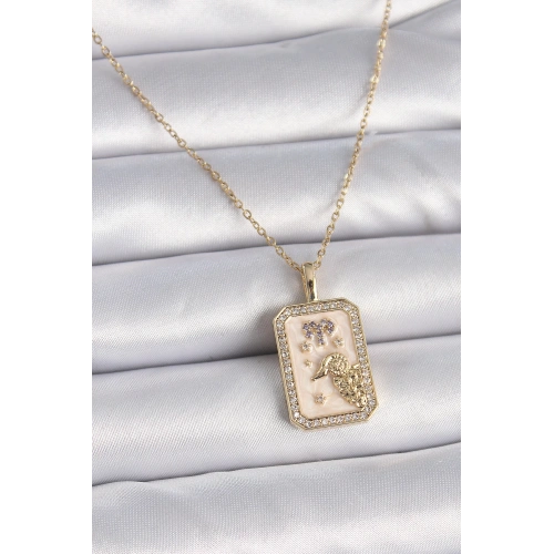 BFS 316L Çelik Gold Renk Zincir Koç Burcu Zirkon Taşlı Kadın Kolye