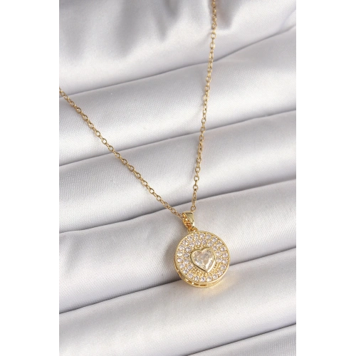 BFS 316L Çelik Gold Renk Zincir Madalyon Zirkon Taşlı Kalp Model Kadın Kolye