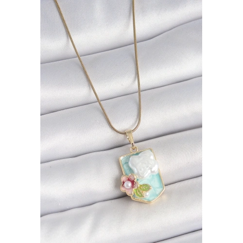 BFS 316L Çelik Gold Renk Zincir Mavi Mineli İncili Çiçek İşlemeli Portre Model Kadın Kolye