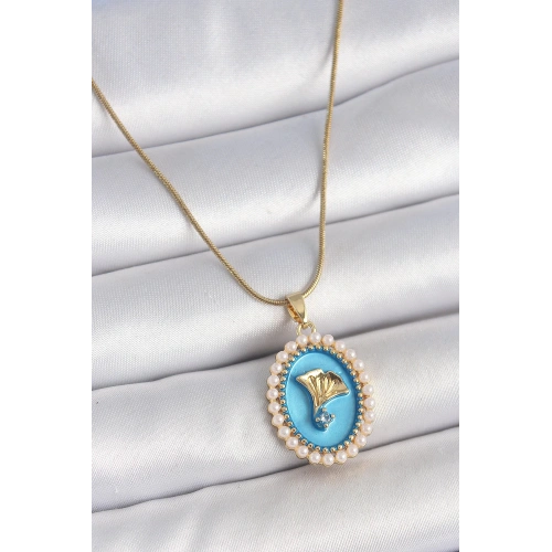 BFS 316L Çelik Gold Renk Zincir Mavi Mineli İncili Zirkon Taşlı Çiçek İşlemeli Portre Model Kadın Kolye