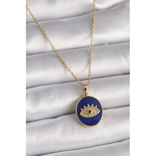 BFS 316L Çelik Gold Renk Zincir Mavi Mineli Zirkon Taşlı Göz İşleme Kadın Kolye