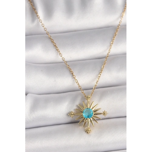 BFS 316L Çelik Gold Renk Zincir Mavi Taş Detaylı Kuzey Yıldız Model Kadın Kolye