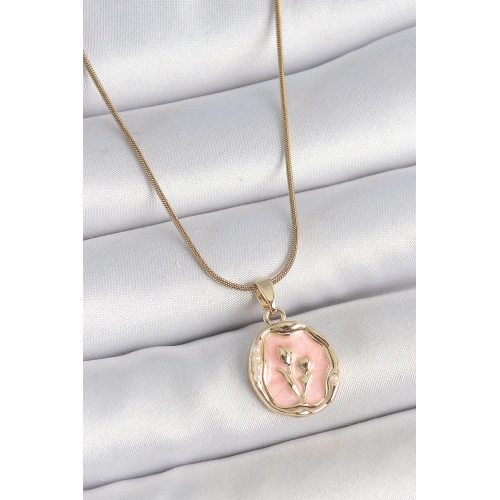 BFS 316L Çelik Gold Renk Zincir Pembe Mineli Çiçek İşlemeli Portre Model Kadın Kolye