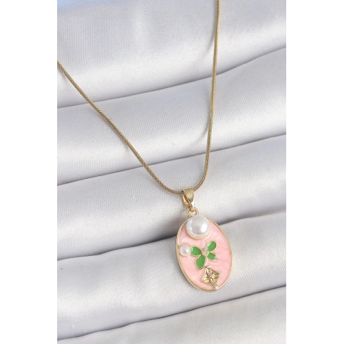 BFS 316L Çelik Gold Renk Zincir Pembe Mineli Oval İncili Çiçek İşlemeli Portre Model Kadın Kolye