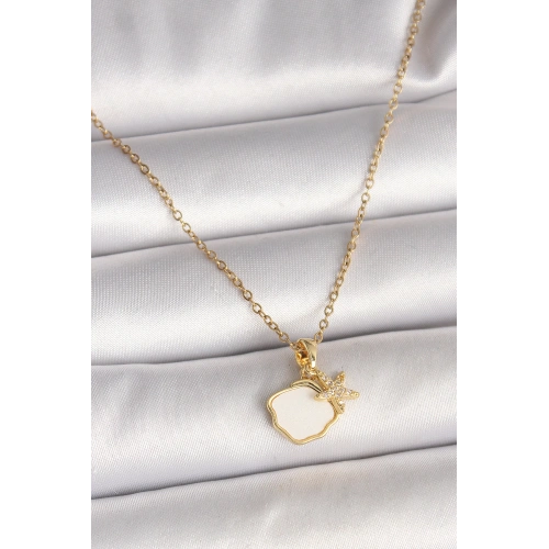 BFS 316L Çelik Gold Renk Zincir Sallantı Beyaz Mineli Deniz Kabuğu Zirkon Taşlı Deniz Yıldızı Figür Kadın Kolye