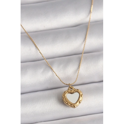 BFS 316L Çelik Gold Renk Zincir Sedefli Kalp Model Kadın Kolye
