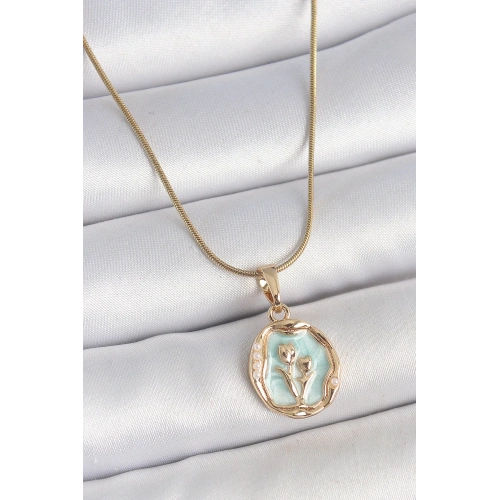 BFS 316L Çelik Gold Renk Zincir Turkuaz Mineli Çiçek İşlemeli Portre Model Kadın Kolye