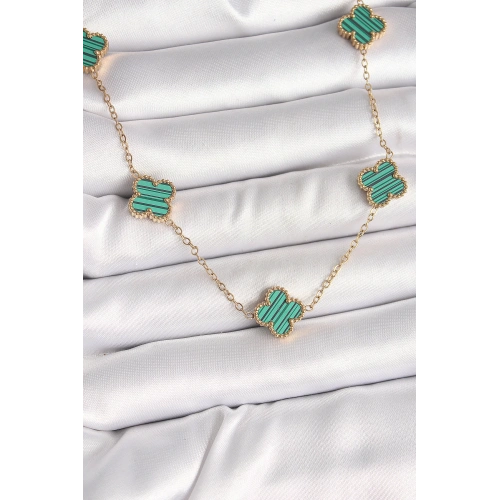 BFS 316L Çelik Gold Renk Zincir Yeşil Yonca Model Kadın Kolye