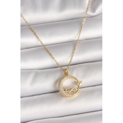 BFS 316L Çelik Gold Renk Zincir Zirkon Taşlı Ay Yıldız Model Sonsuzluk Detay Kadın Kolye