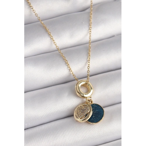 BFS 316L Çelik Gold Renk Zincir Zirkon Taşlı Kalp Model Mavi Simli Kadın Kolye