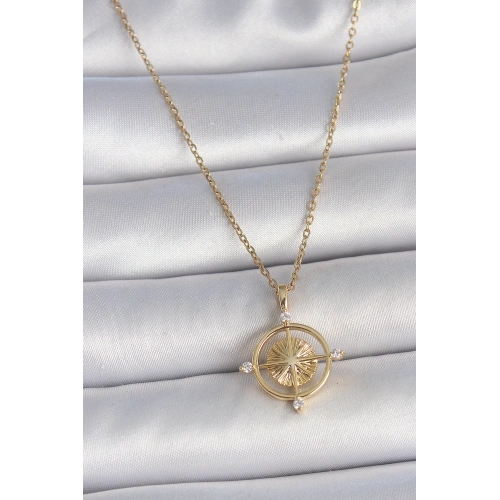 BFS 316L Çelik Gold Renk Zincir Zirkon Taşlı Pusula Model Kadın Kolye