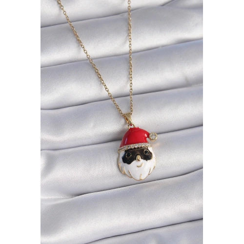 BFS 316L Çelik Gold Renk Zincir Zirkon Taşlı Yılbaşı Temalı Noel Baba Figür Kadın Kolye