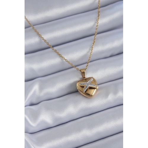 BFS 316L Çelik Gold Renk Zirkon Detay Kalp Model Kadın Kolye