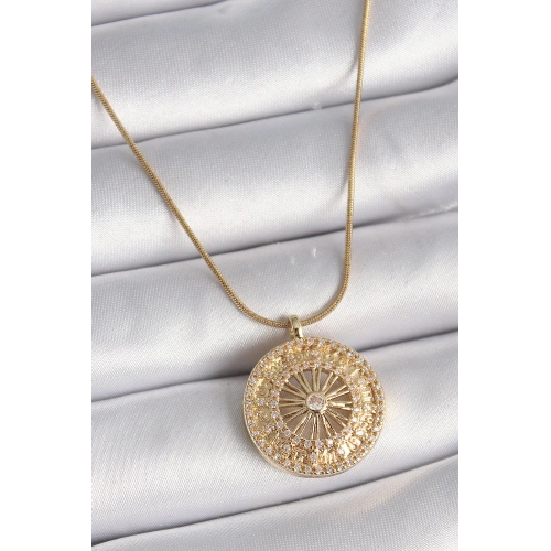 BFS 316L Çelik Gold Renk Zirkon Taşlı 12 Burç Madalyon Model Kadın Kolye