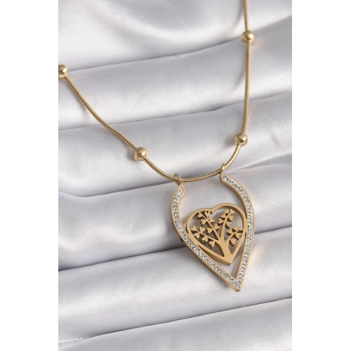 BFS 316L Çelik Gold Renk Zirkon Taşlı Detaylı Kalp Fidan Model Kadın Kolye