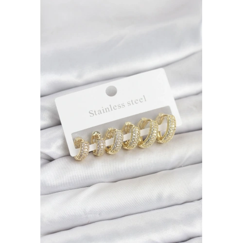 BFS 316L Çelik Gold Renk Zirkon Taşlı Halka Küpe Seti