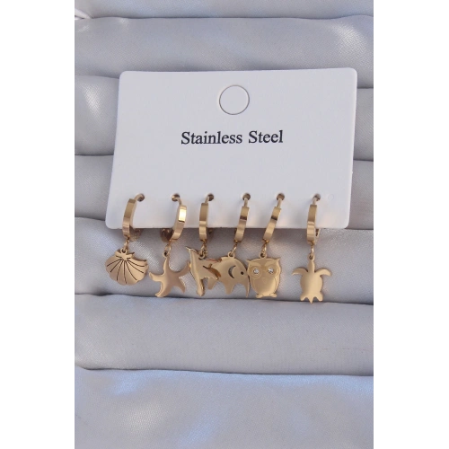 BFS 316L Çelik Gold Renk Zirkon Taşlı Hayvan Figürlü Deniz Yıldızı Model Halka Küpe Seti