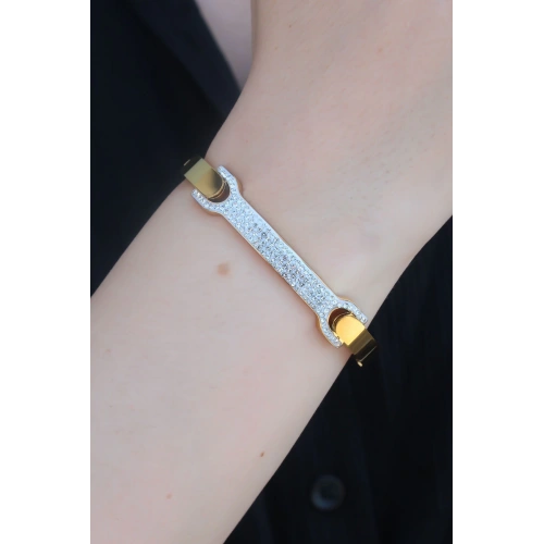 BFS 316L Çelik Gold Renk Zirkon Taşlı Kadın Kelepçe