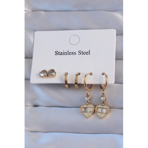 BFS 316L Çelik Gold Renk Zirkon Taşlı Kalp Model Halka Küpe Seti