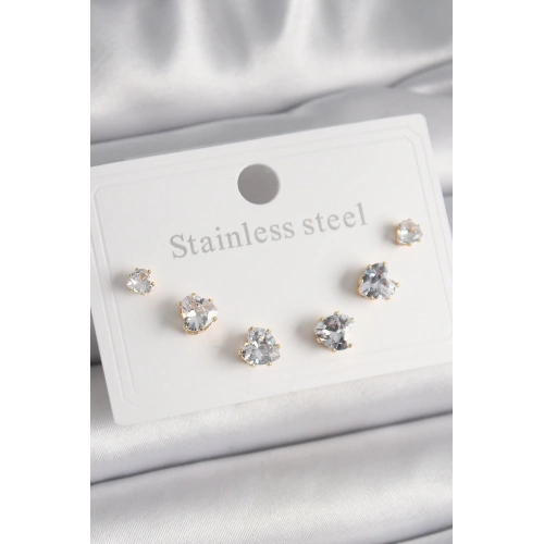 BFS 316L Çelik Gold Renk Zirkon Taşlı Kalp Model Kadın Küpe Seti